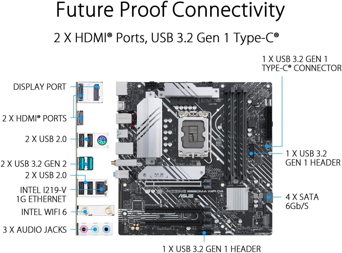 ASUS PRIME B660M-A WIFI D4 LGA 1700(Intel 12th Gen) mATX Motherboard (PCIe 4.0,Intel Wi-Fi 6,DDR4,2xM.2 slots, 1Gb LAN, DP,2 x HDMI, rear USB 3.2 Gen 2, front USB 3.2 Gen 1 Type-C, Aura Sync) (Certified Refurbished)