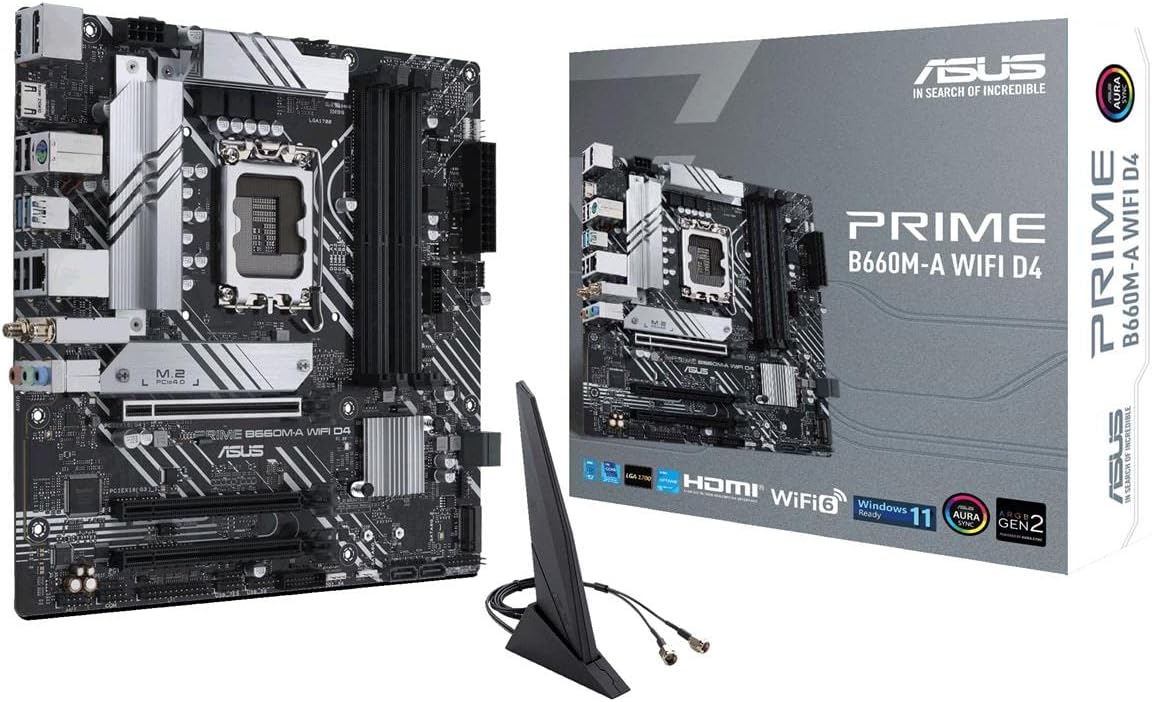 ASUS PRIME B660M-A WIFI D4 LGA 1700(Intel 12th Gen) mATX Motherboard (PCIe 4.0,Intel Wi-Fi 6,DDR4,2xM.2 slots, 1Gb LAN, DP,2 x HDMI, rear USB 3.2 Gen 2, front USB 3.2 Gen 1 Type-C, Aura Sync) (Certified Refurbished)