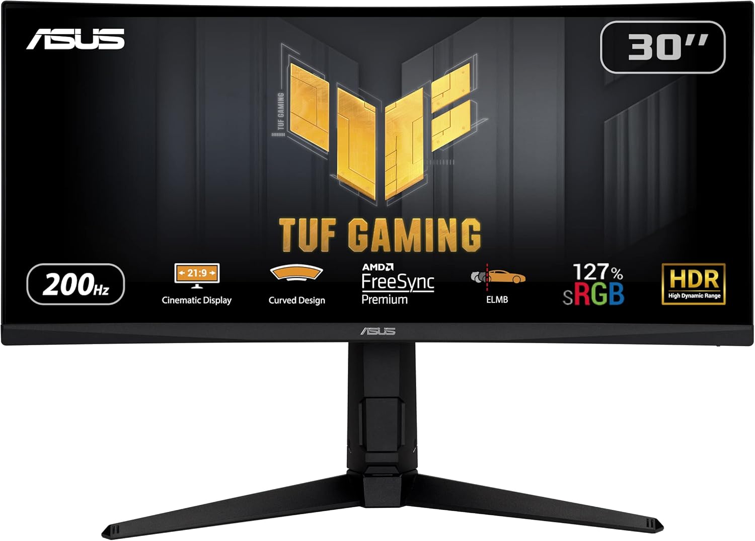 ASUS TUF Gaming 30” 21:9 1080P Ultrawide Curved HDR Monitor (VG30VQL1A) - WFHD (2560 x 1080), 200Hz (Supports 144Hz), 1ms, Extreme Low Motion Blur, FreeSync Premium, Eye Care, DisplayPort, HDMI (Certified Refurbished)