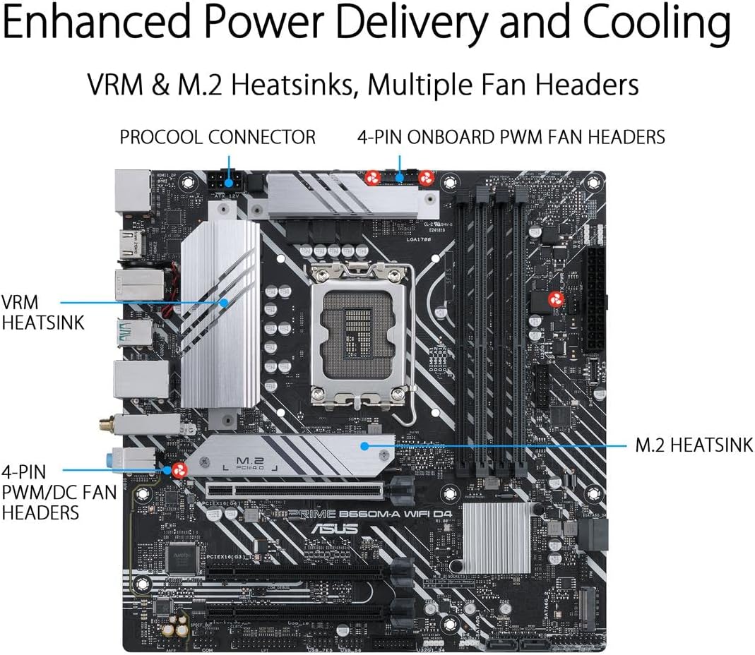 ASUS PRIME B660M-A WIFI D4 LGA 1700(Intel 12th Gen) mATX Motherboard (PCIe 4.0,Intel Wi-Fi 6,DDR4,2xM.2 slots, 1Gb LAN, DP,2 x HDMI, rear USB 3.2 Gen 2, front USB 3.2 Gen 1 Type-C, Aura Sync) (Certified Refurbished)