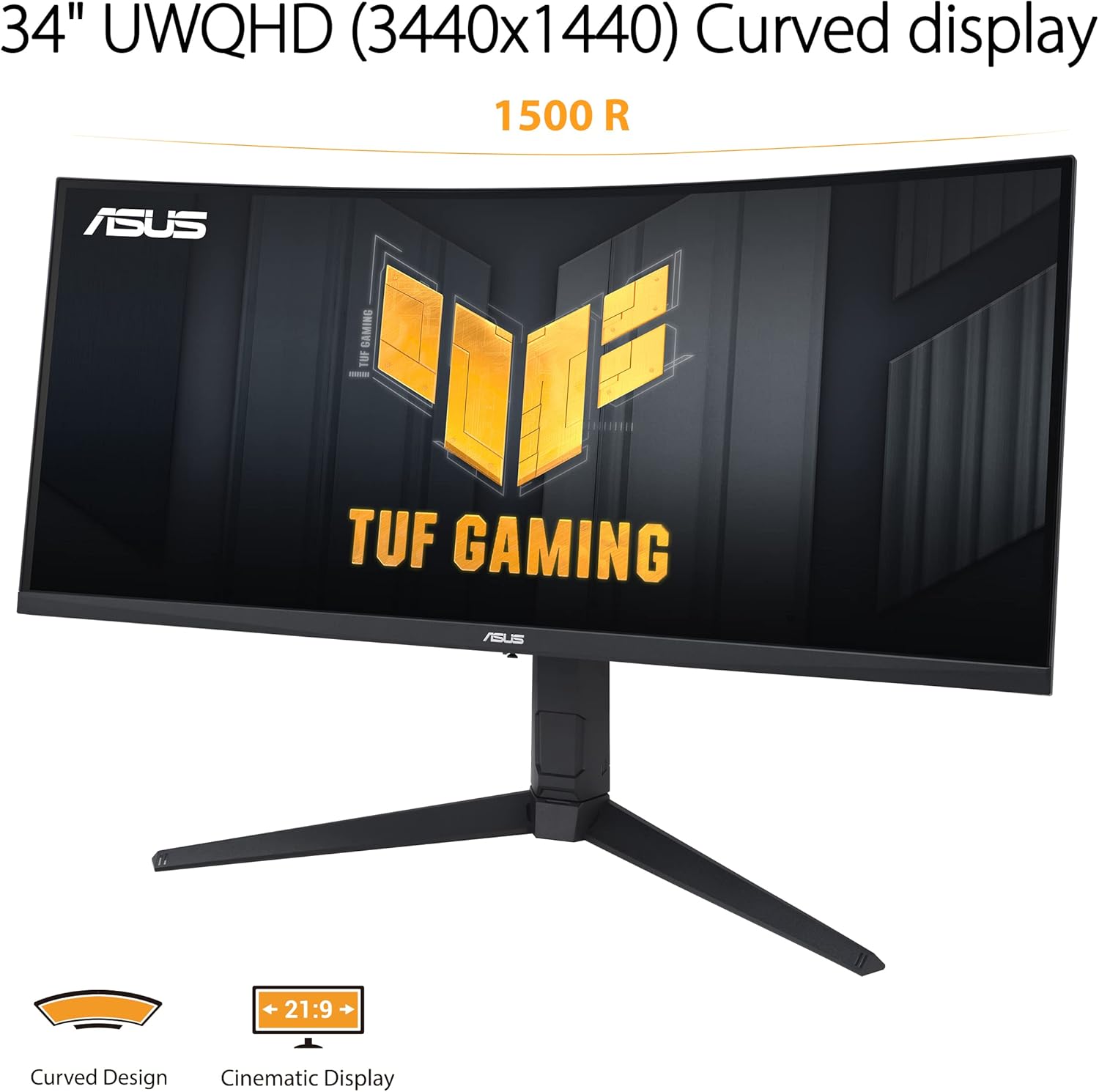 ASUS TUF Gaming 34” Ultra-Wide Curved HDR Monitor (VG34VQEL1A) - 21:9, UWQHD (3440 x 1440), 100Hz, Extreme Low Motion Blur, FreeSync, 1ms, DisplayPort, HDMI, USB, Tripod Socket, Height Adjustable (Certified Refurbished)