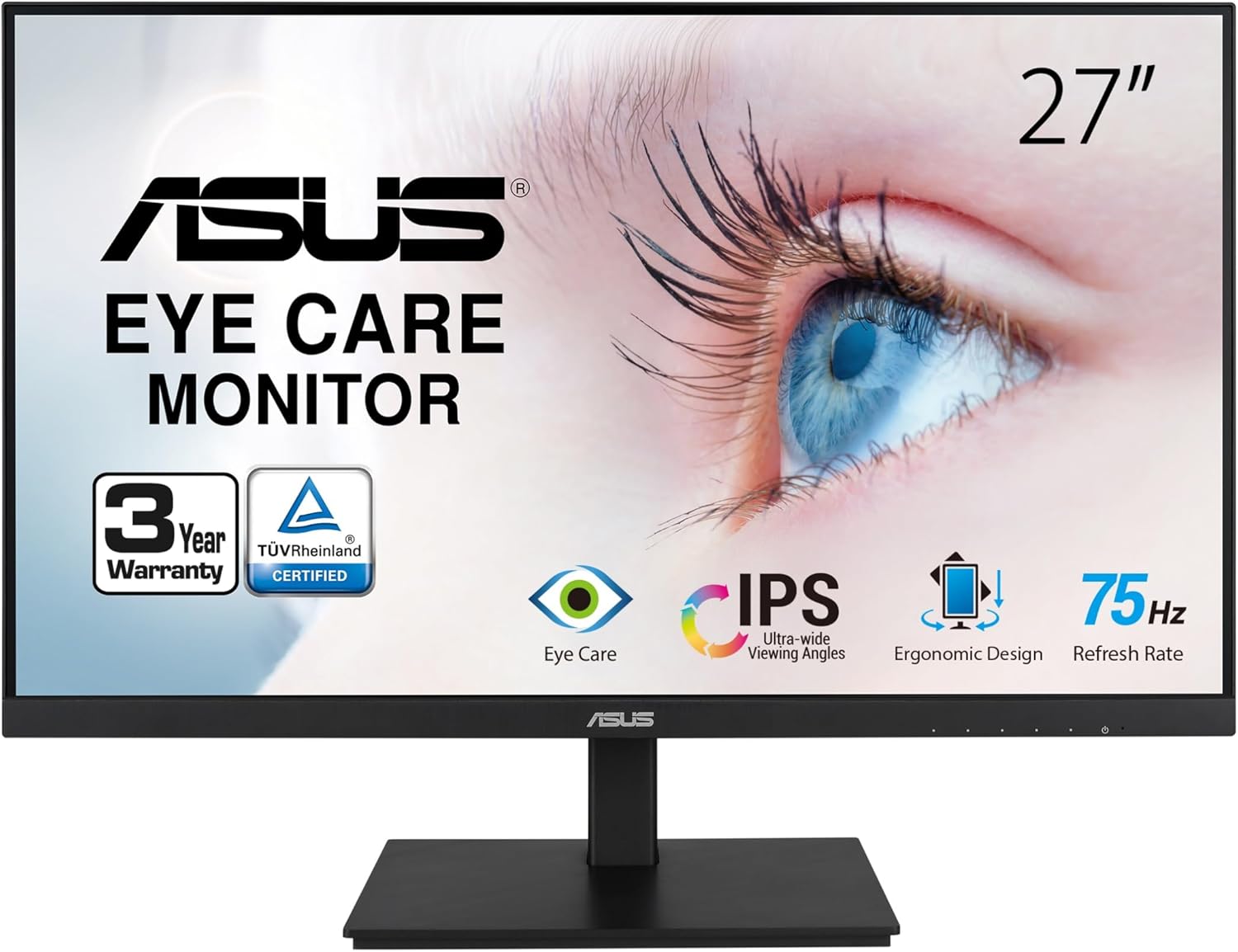 ASUS VA27DQSB Eye Care Monitor – 27 inch, FHD (Full HD 1920 x 1080), IPS, Frameless, 75Hz, Adaptive-Sync, DisplayPort, HDMI, Eye Care, Low Blue Light, Flicker Free, Wall Mountable (Certified Refurbished)