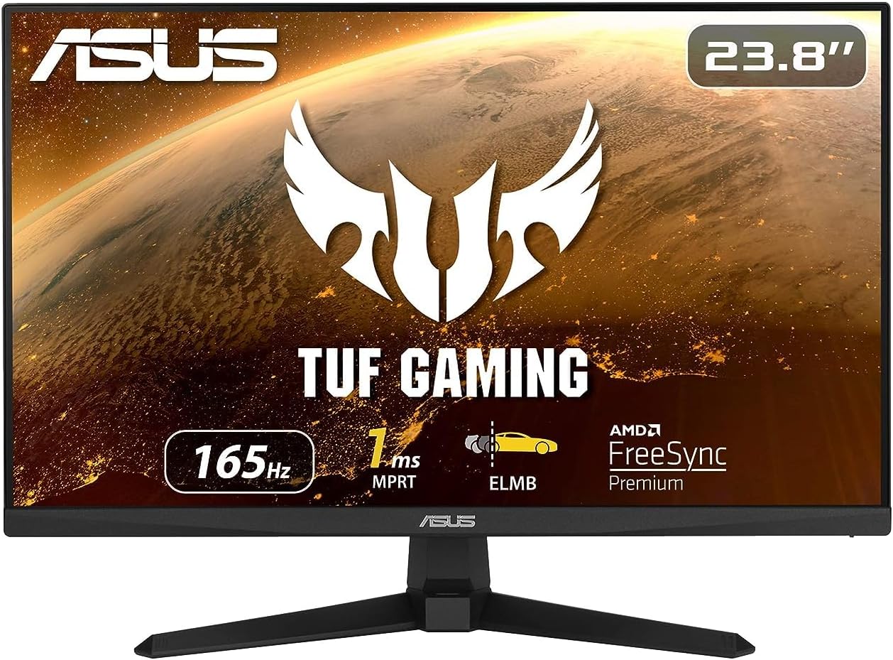 ASUS TUF Gaming 23.8” 1080P Monitor (VG249Q1A) - Full HD, IPS, 165Hz (Supports 144Hz), 1ms, Extreme Low Motion Blur, Speaker, FreeSync Premium, Shadow Boost, VESA Mountable, DisplayPort, HDMI (Certified Refurbished)