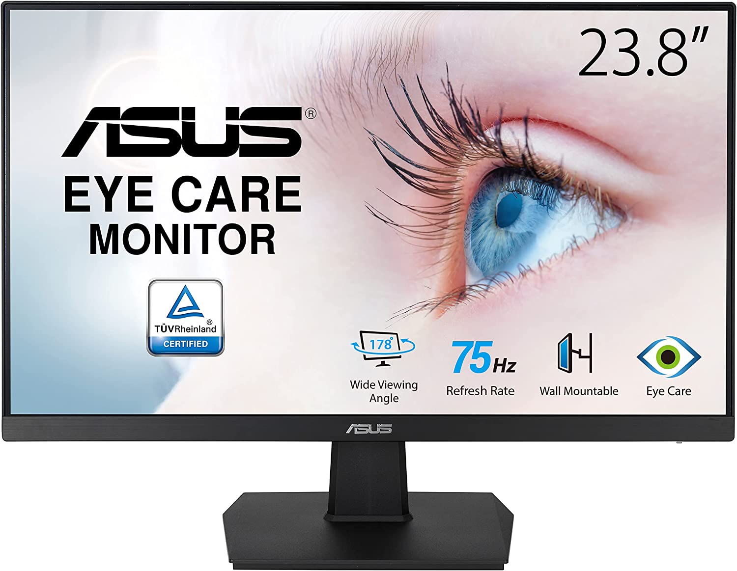 ASUS VA247HE Eye Care Monitor – 24 inch (23.8 inch viewable), Full HD, Frameless, 75Hz, Adaptive-Sync/FreeSync™, Low Blue Light, Flicker Free, Wall Mountable (Certified Refurbished)