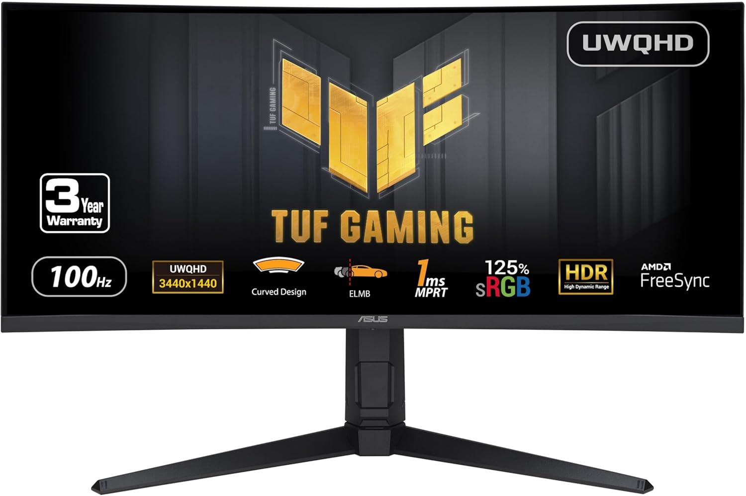 ASUS TUF Gaming 34” Ultra-Wide Curved HDR Monitor (VG34VQEL1A) - 21:9, UWQHD (3440 x 1440), 100Hz, Extreme Low Motion Blur, FreeSync, 1ms, DisplayPort, HDMI, USB, Tripod Socket, Height Adjustable (Certified Refurbished)