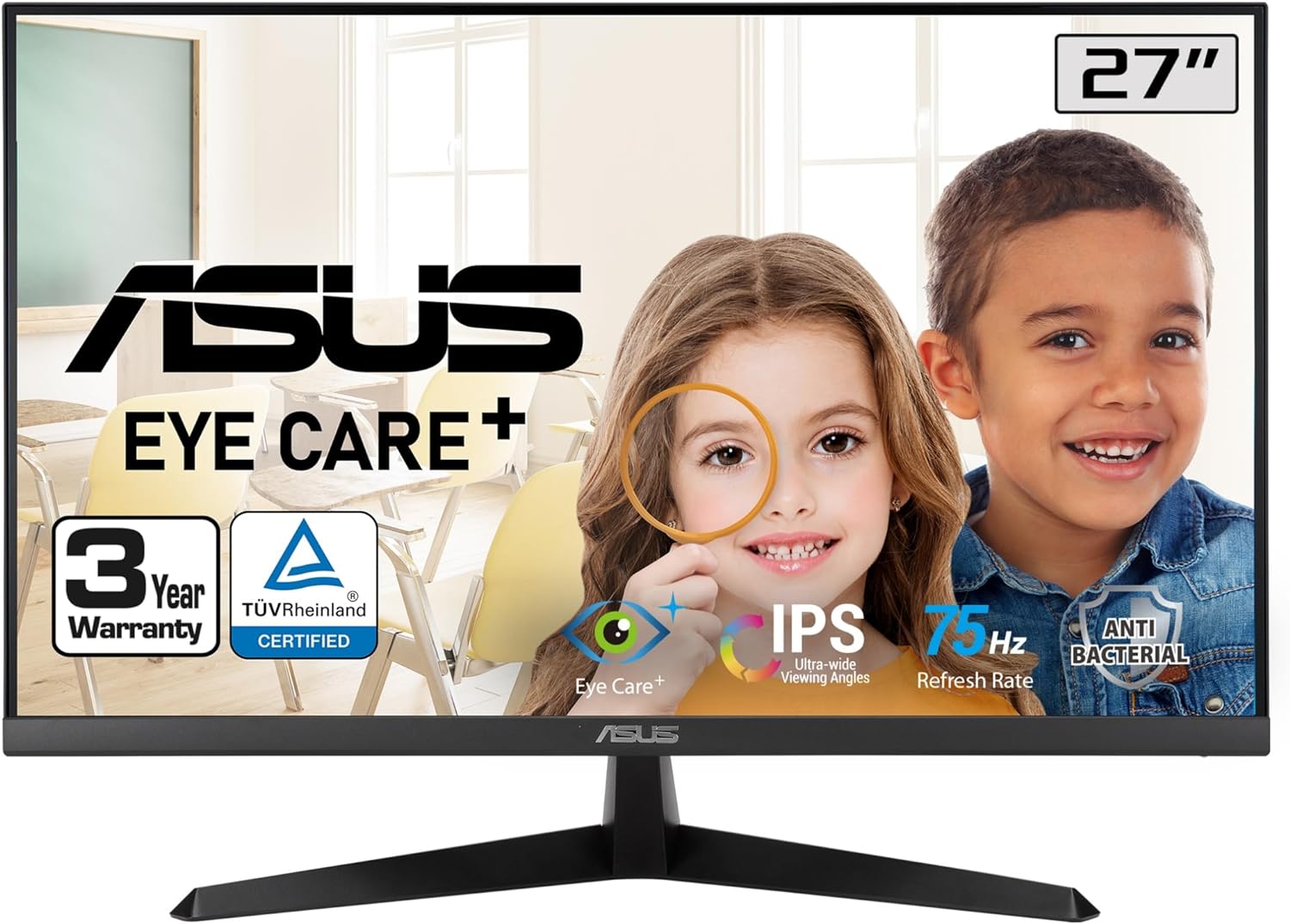 Asus 27 inch VY279HE Monitor | 1080P Full HD | 75Hz | Adaptive-Sync/FreeSync | Eye Care Plus, Color Augmentation, Antibacterial Surface | HDMI, VGA (Certified Refurbished)