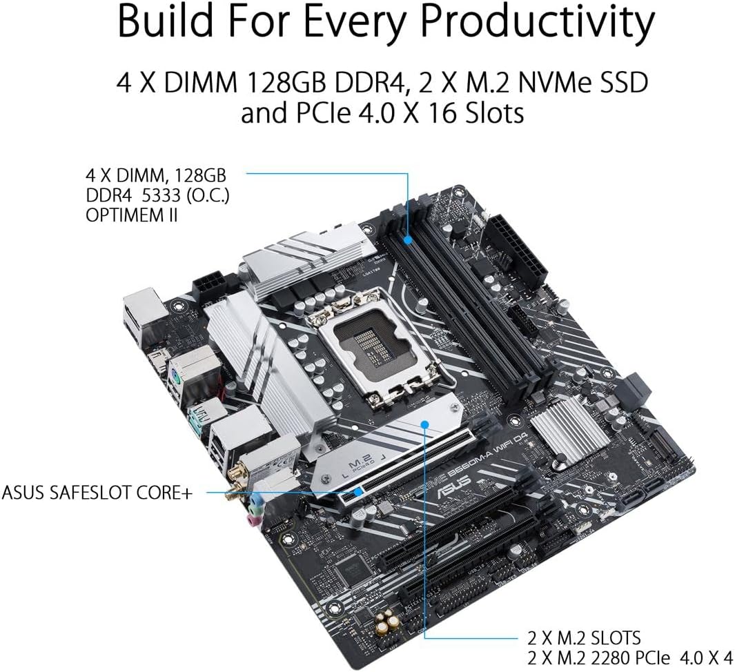 ASUS PRIME B660M-A WIFI D4 LGA 1700(Intel 12th Gen) mATX Motherboard (PCIe 4.0,Intel Wi-Fi 6,DDR4,2xM.2 slots, 1Gb LAN, DP,2 x HDMI, rear USB 3.2 Gen 2, front USB 3.2 Gen 1 Type-C, Aura Sync) (Certified Refurbished)