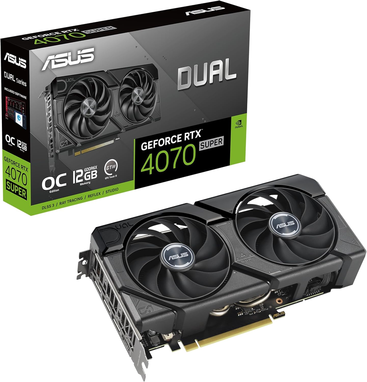 ASUS Dual GeForce RTX 4070 Super EVO OC Edition 12GB GDDR6X (PCIe 4.0, 12GB GDDR6X, DLSS 3, HDMI 2.1a, DisplayPort 1.4a, 2.5-Slot Design, Axial-tech Fan Design, 0dB Technology, and More) (Certified Refurbished)