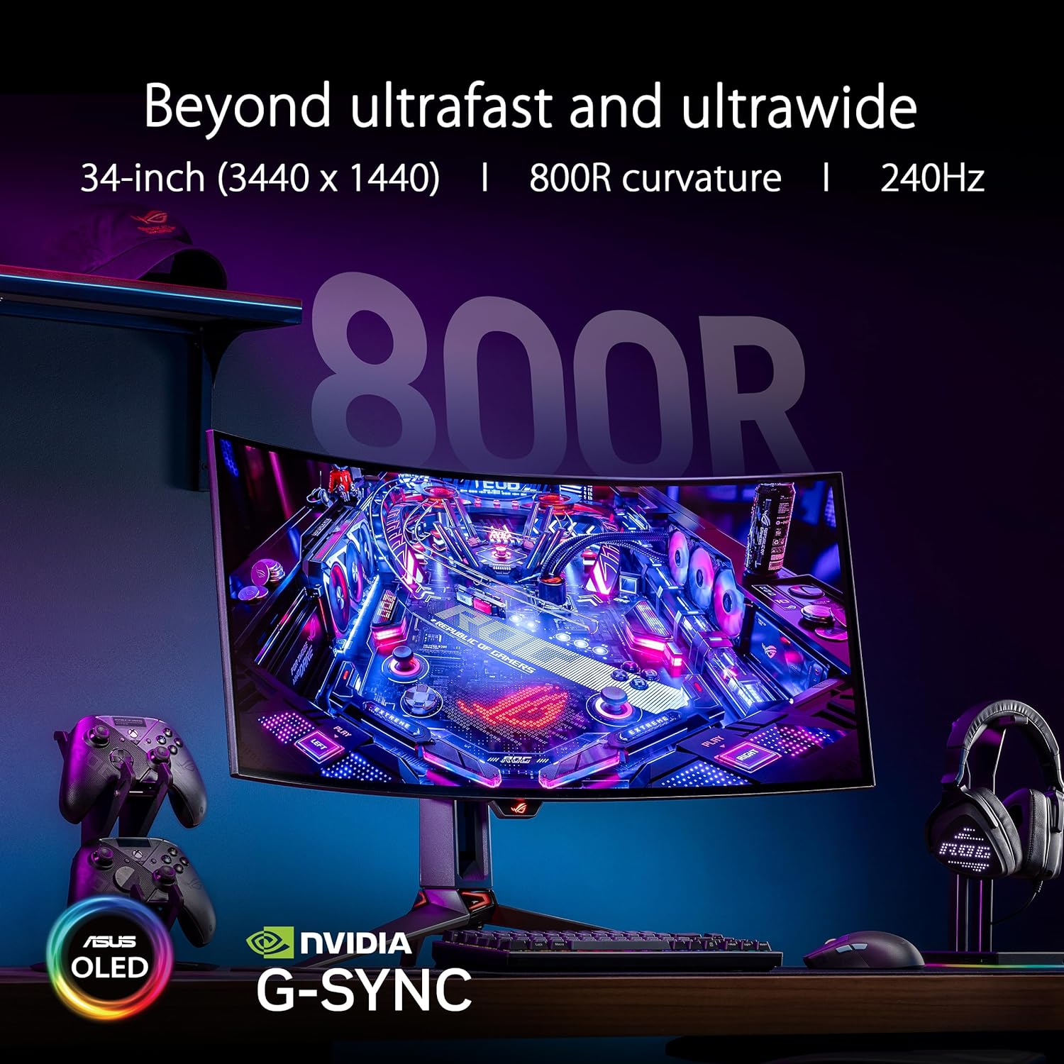 ASUS ROG Swift 34” OLED Ultrawide 800R Curved Gaming Monitor (PG34WCDM) – 21:9 (3440 x 1440), 240Hz, 0.03ms, G-SYNC Compatible, Custom Heatsink, Uniform Brightness, Smart KVM, USB-C 90W PD, 1300nits (Certified Refurbished)