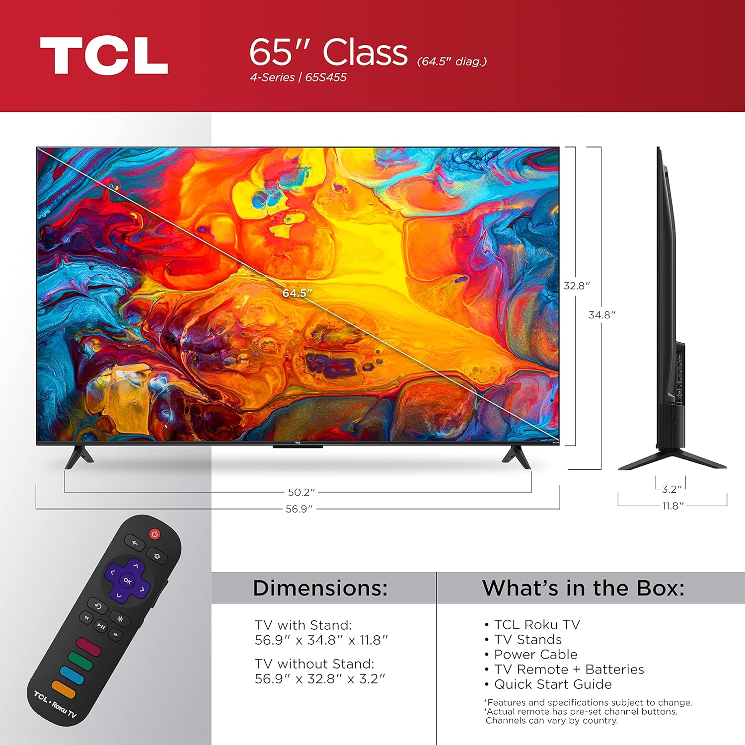 TCL 65" Class 4-Series 4K UHD HDR Smart Roku TV – 65S455-CA (Refurbished)