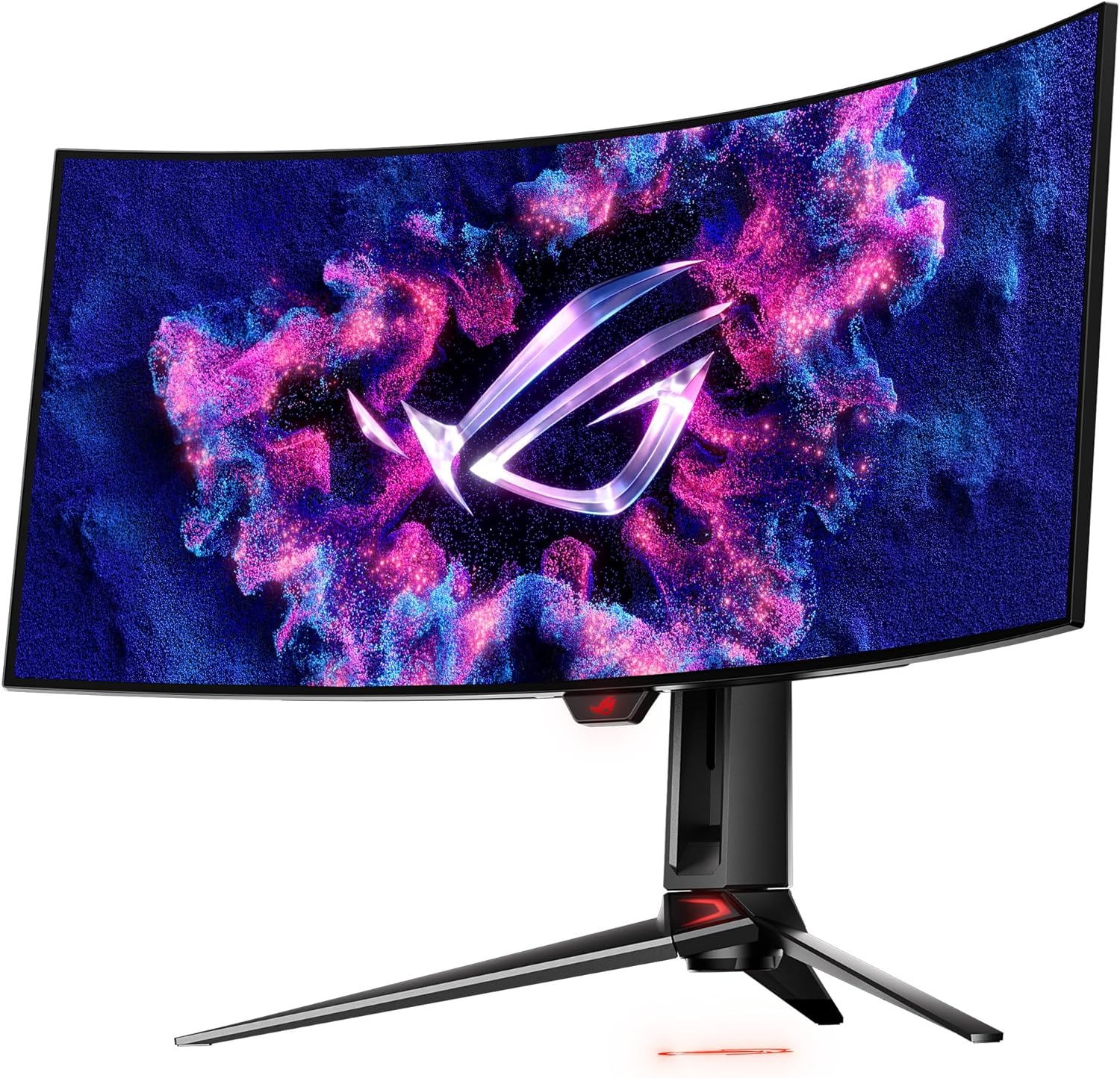 ASUS ROG Swift 34” OLED Ultrawide 800R Curved Gaming Monitor (PG34WCDM) – 21:9 (3440 x 1440), 240Hz, 0.03ms, G-SYNC Compatible, Custom Heatsink, Uniform Brightness, Smart KVM, USB-C 90W PD, 1300nits (Certified Refurbished)