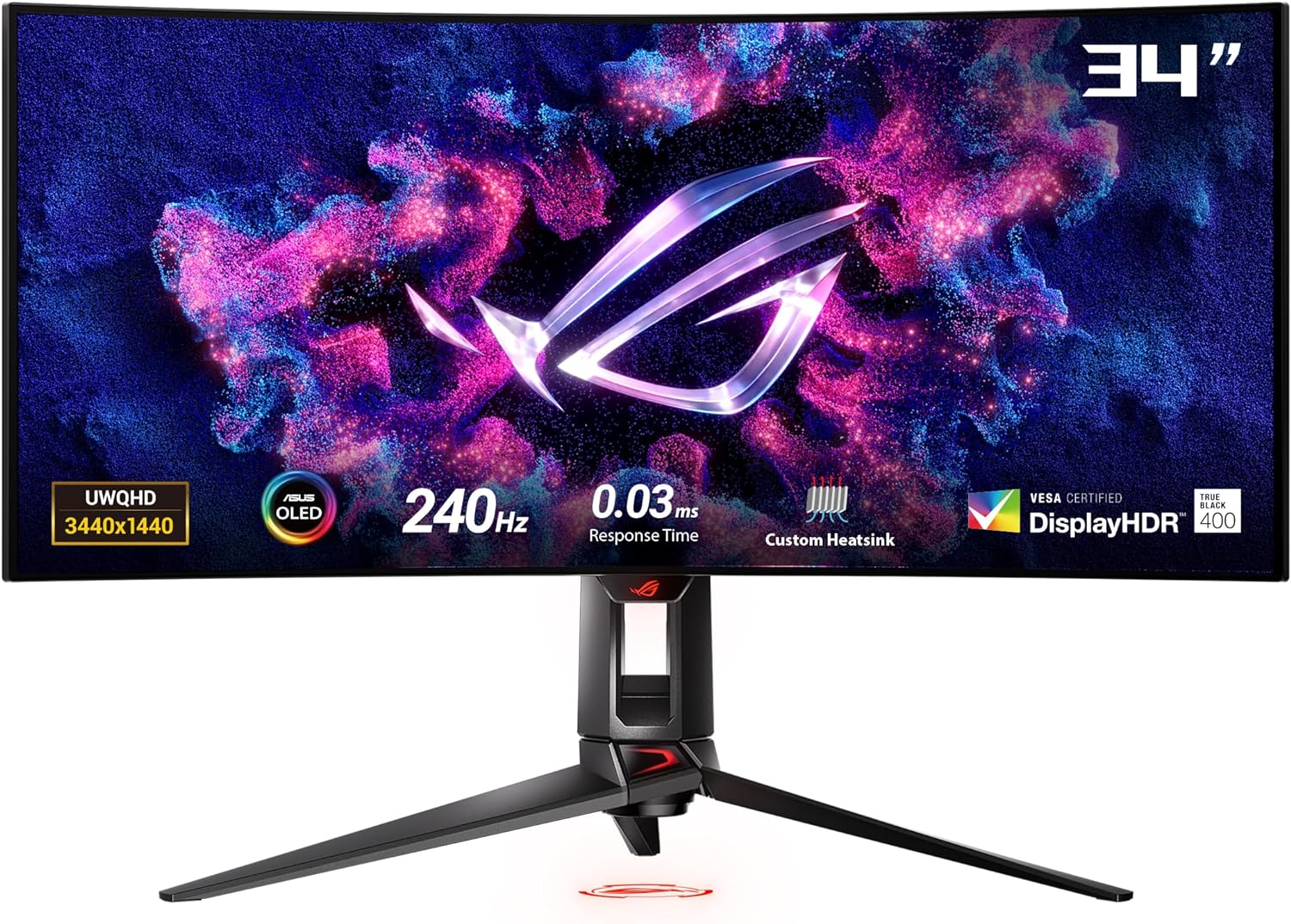 ASUS ROG Swift 34” OLED Ultrawide 800R Curved Gaming Monitor (PG34WCDM) – 21:9 (3440 x 1440), 240Hz, 0.03ms, G-SYNC Compatible, Custom Heatsink, Uniform Brightness, Smart KVM, USB-C 90W PD, 1300nits (Certified Refurbished)