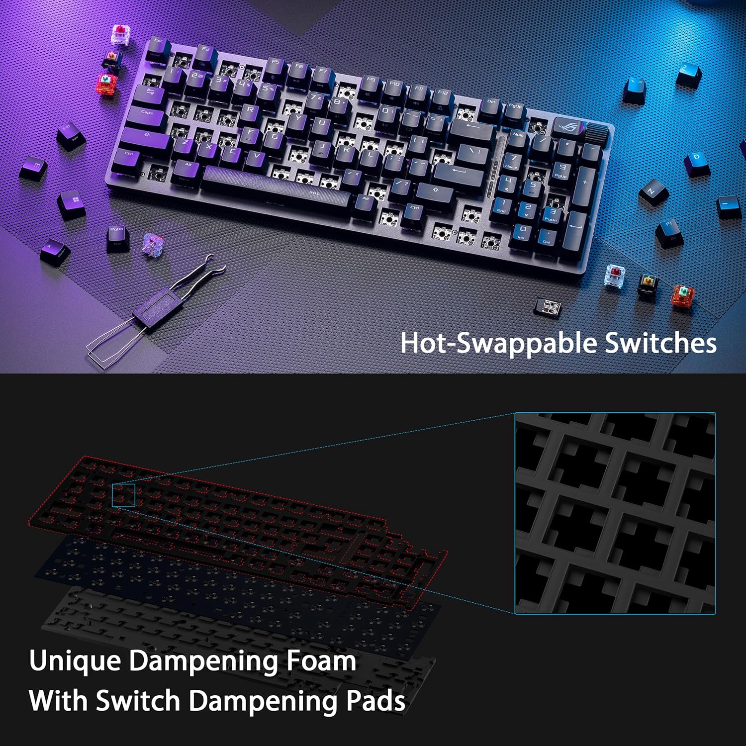 ASUS ROG Strix Scope II 96 Wireless Gaming Keyboard, Tri-Mode Connection, Dampening Foam & Switch-Dampening Pads, Hot-Swappable Pre-lubed ROG NX Snow Switches, PBT Keycaps, RGB-Black (Certified Refurbished)