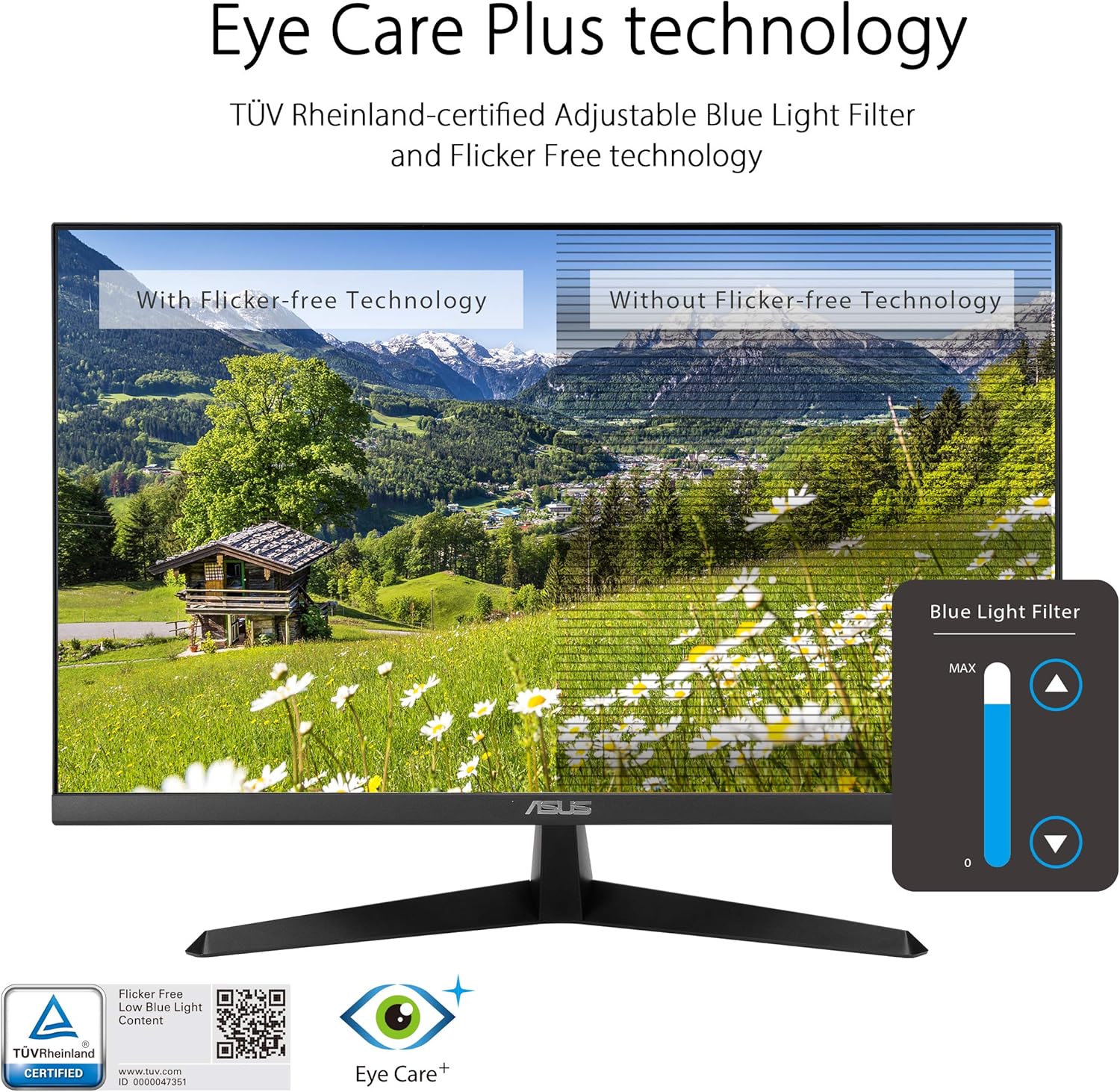 Asus 27 inch VY279HE Monitor | 1080P Full HD | 75Hz | Adaptive-Sync/FreeSync | Eye Care Plus, Color Augmentation, Antibacterial Surface | HDMI, VGA (Certified Refurbished)