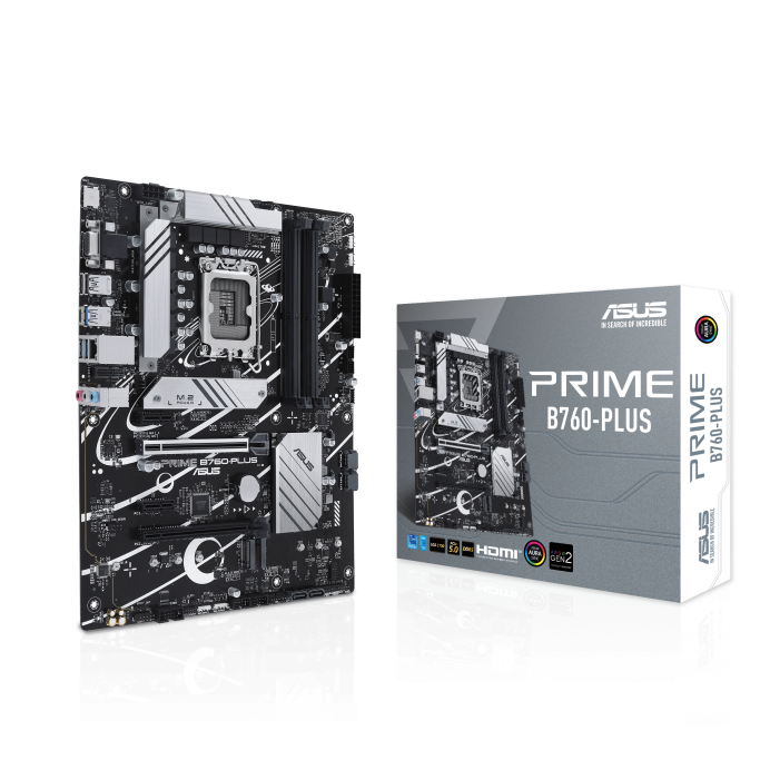 ASUS Prime B760-PLUS, an Intel B760 LGA 1700 ATX Motherboard (PCIe 5.0, three PCIe 4.0 M.2 slots, DDR5, Realtek 2.5Gb Ethernet, DisplayPort, VGA, HDMI, SATA 6 Gbps, USB 3.2 Gen 2x2 Type-C, Thunderbolt (USB4) support, Aura Sync (Certified Refurbished)