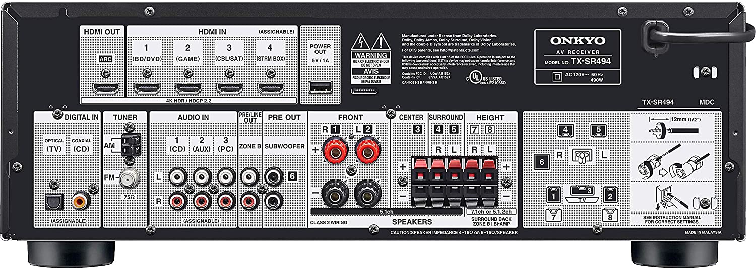 Onkyo TX-SR494 7.2 Channel Dolby Atmos 4K DTS:X Bluetooth A/V Receiver (Certified Refurbished)